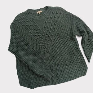 Women's Dark Green Soft Knit Chevron Pom Pom Sweater In Loom Size M/L